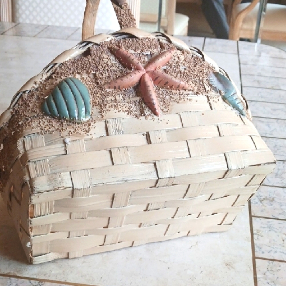 Beige Woven Basket with Seashell Accents,   Vintage From 1990's..New - Picture 9 of 9